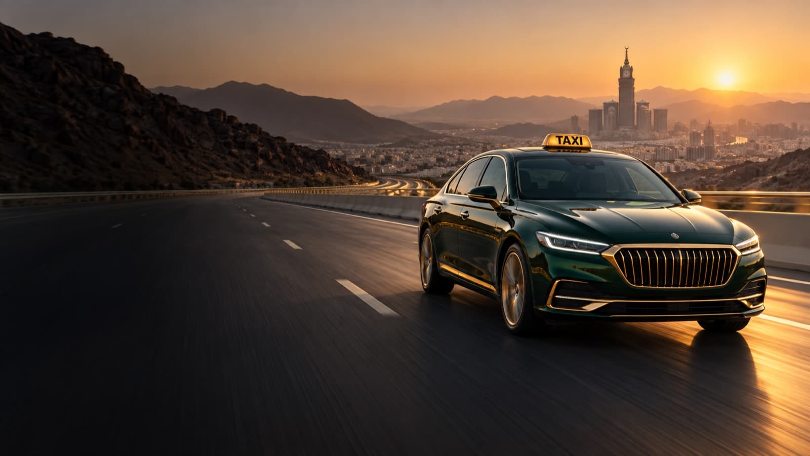 SATS green and gold taxi on the highway to Makkah at sunset, Abraj Al Bait clock tower in the distance