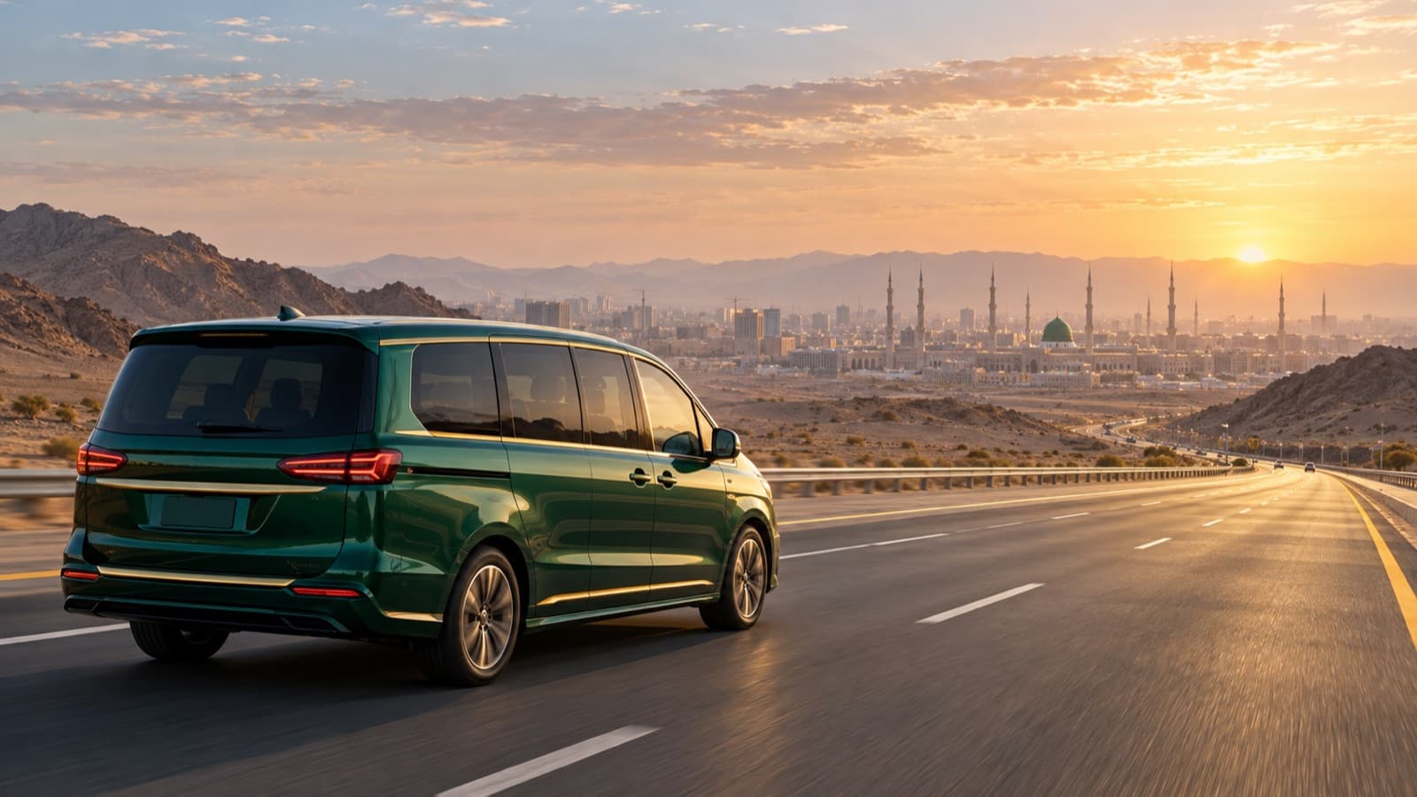 Green family van taxi on the highway to Madinah at sunrise